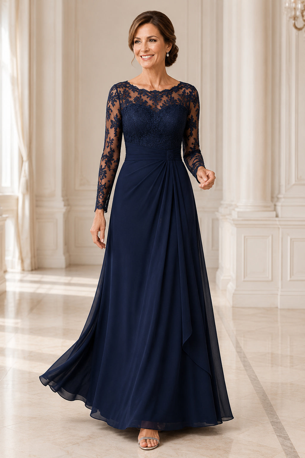 Dark Navy Bateau A-Line Mother Dress with Lace Long Sleeves and Chiffon Skirt for Evening Reception front view