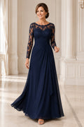 Dark Navy Bateau A-Line Mother Dress with Lace Long Sleeves and Chiffon Skirt for Evening Reception front view