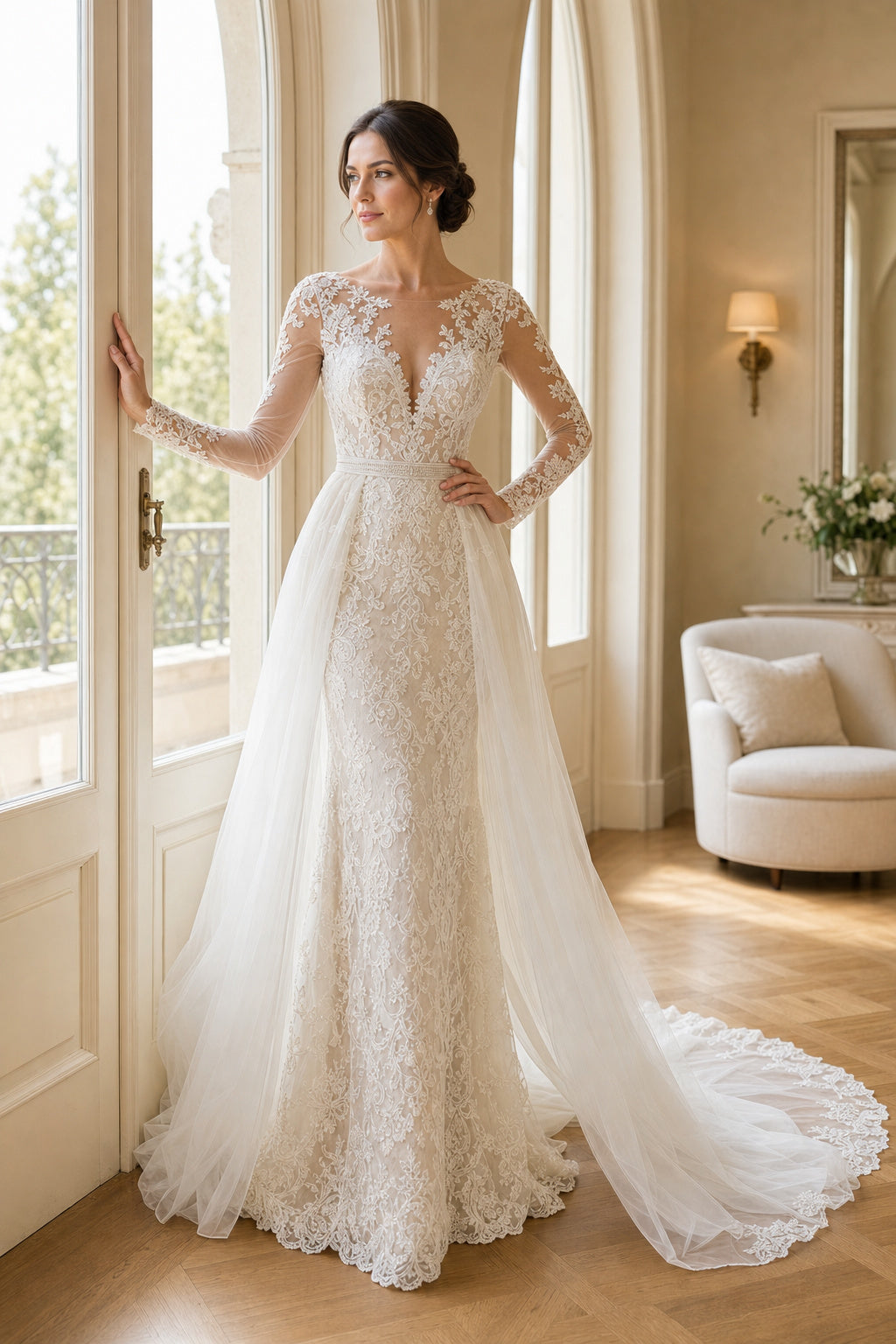 White Illusion Long Sleeves A-Line Chiffon Floor-length Wedding Dress With Open Back and Lace Bodice
