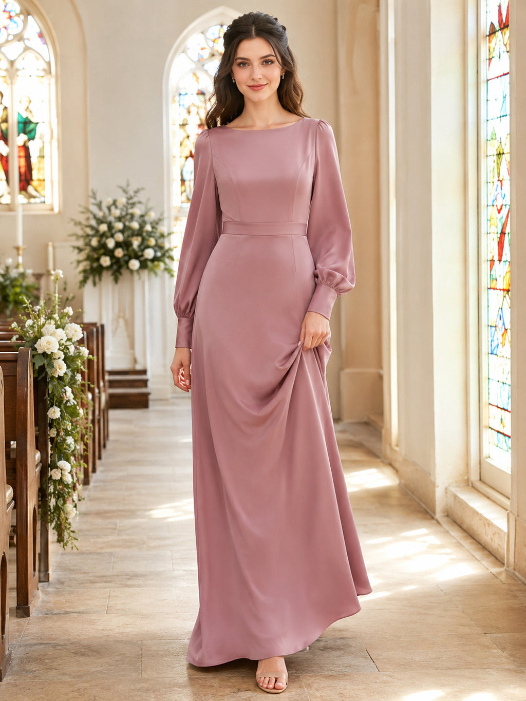 Mauve bateau neck long sleeve chiffon floor length bridesmaid dress front view
