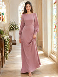 Mauve bateau neck long sleeve chiffon floor length bridesmaid dress front view