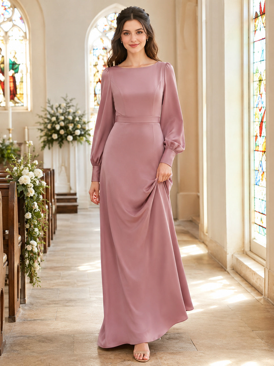 Mauve bateau neck long sleeve chiffon floor length bridesmaid dress front view