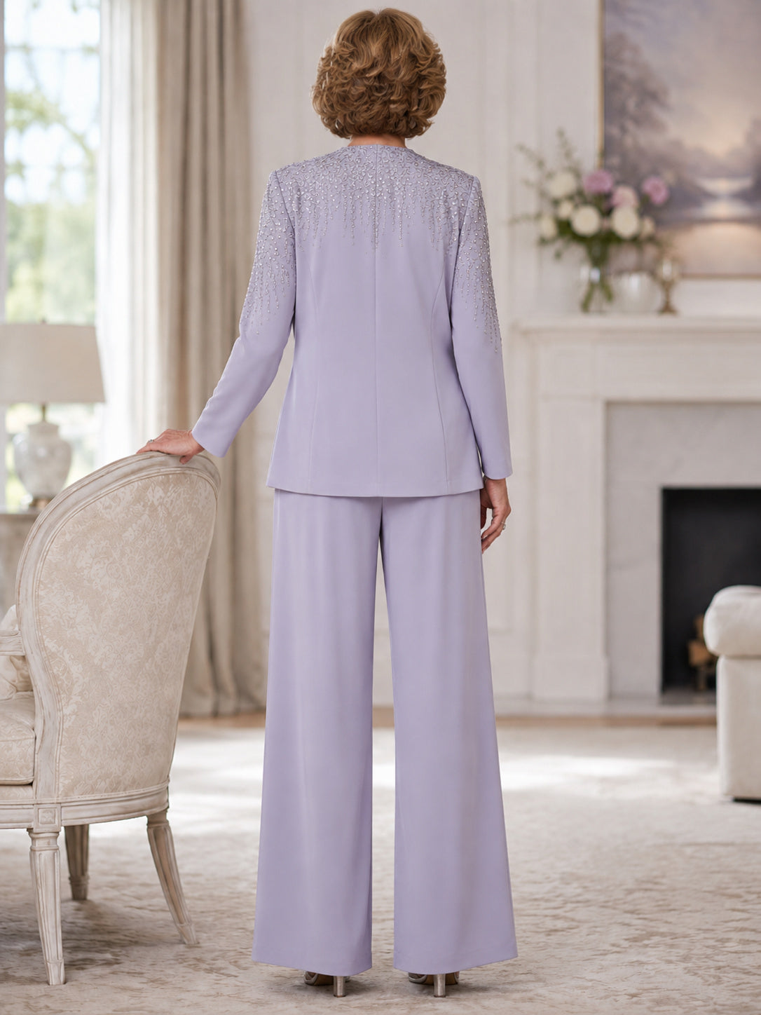 Lavender Mother Pantsuit with Ruched Bodice, Long Sleeve Jacket and Wide Leg Pants back view