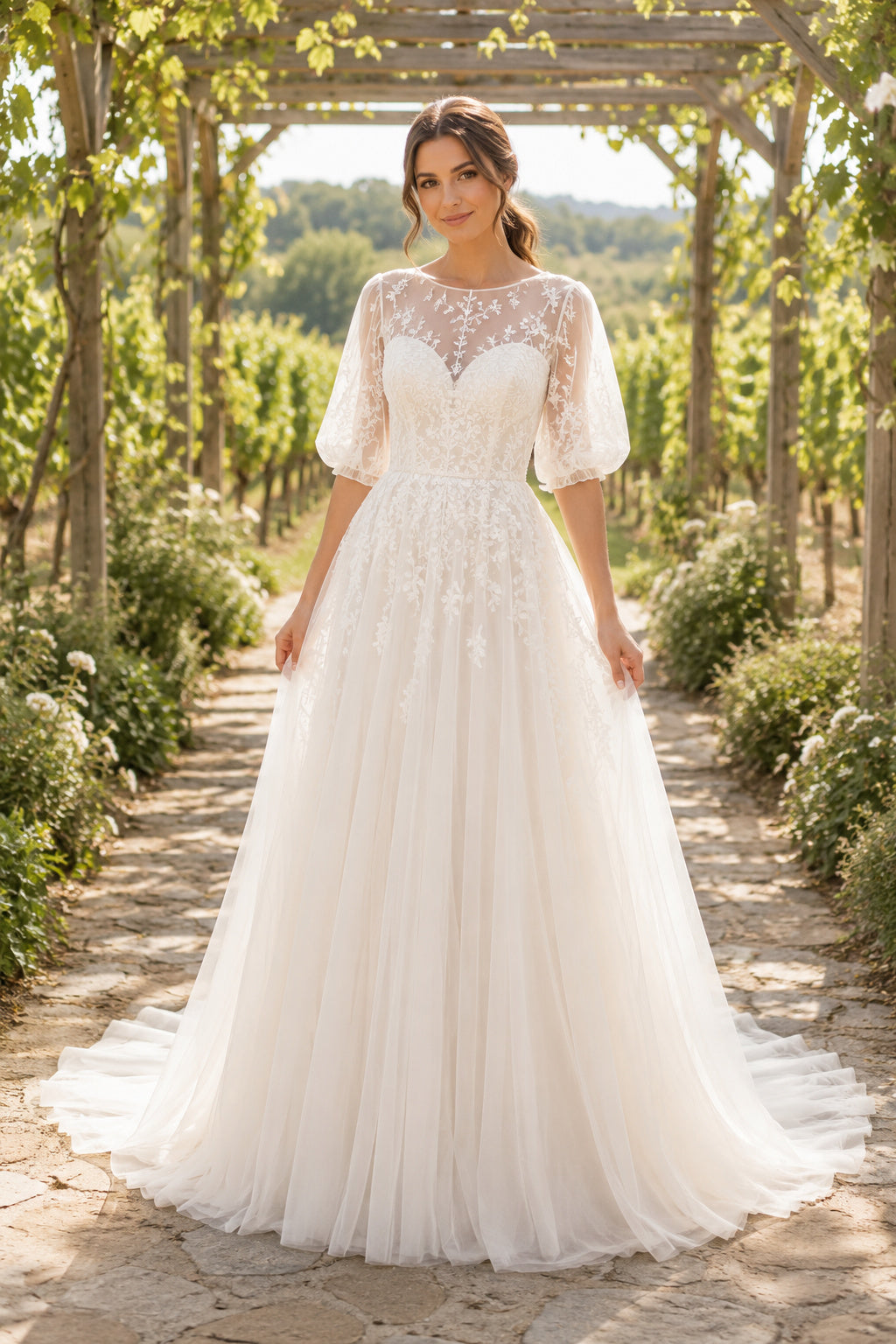 Flutter Sleeve V-Neck A-Line Wedding Dress with Lace Bodice and Tulle Train for Beach Garden Ceremony front view
