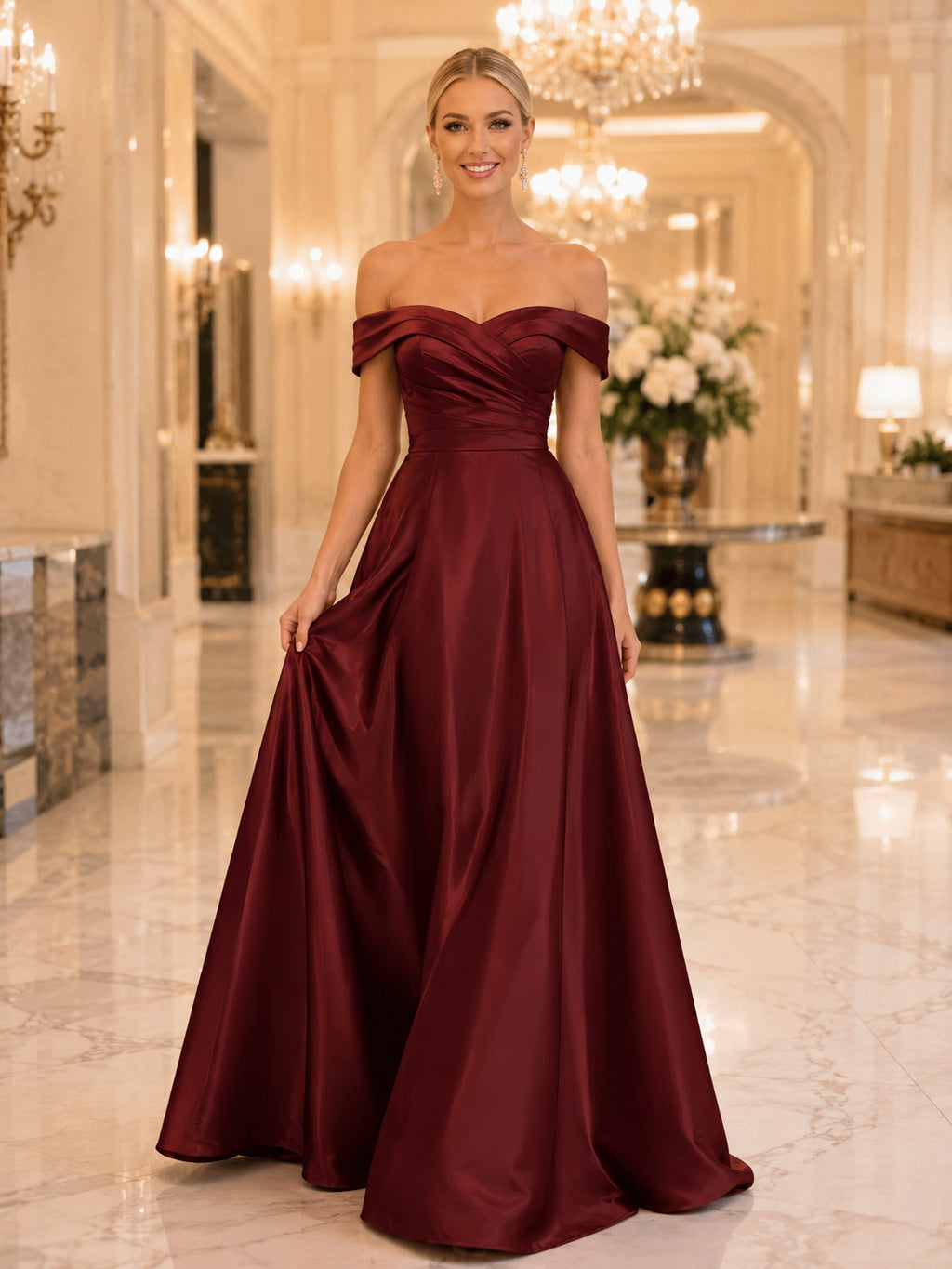 Burgundy Off-the-shoulder Satin A-Line Evening Gown front view