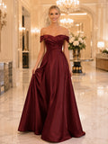 Burgundy Off-the-shoulder Satin A-Line Evening Gown front view