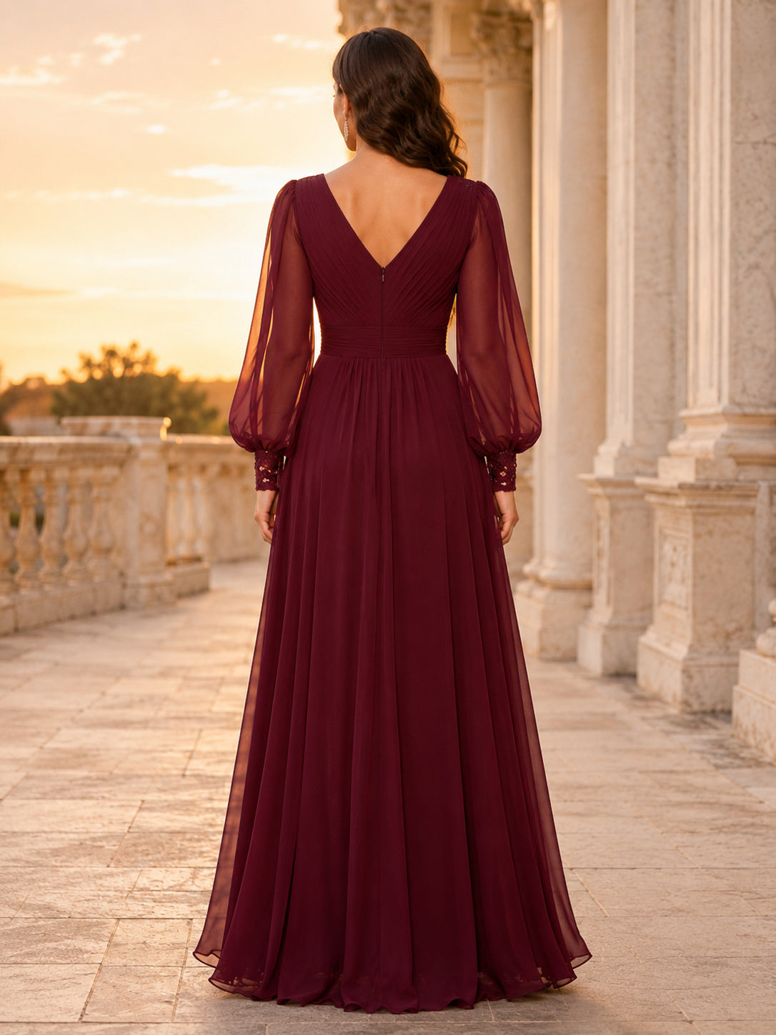Burgundy V Neck Detachable Sleeve Chiffon Evening Dress back view