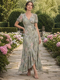 Sage Floral Garden Wedding Guest Dress A-Line Chiffon V-Neck Short Sleeve High-Low Tea-Length Ruched Floral front view