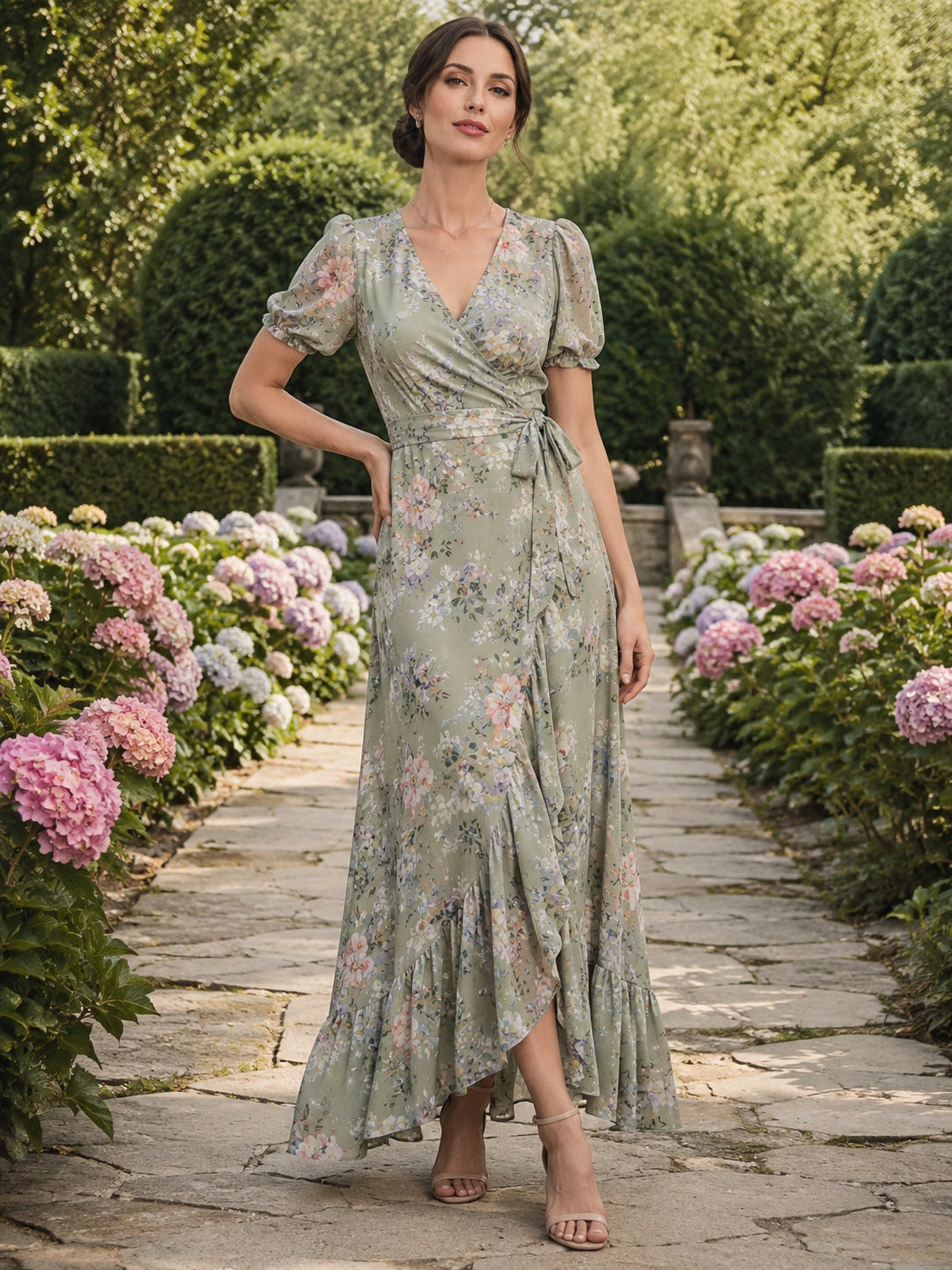 Sage Floral Garden Wedding Guest Dress A-Line Chiffon V-Neck Short Sleeve High-Low Tea-Length Ruched Floral front view