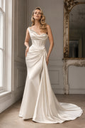 Ivory Cowl Neck Satin Sheath Wedding Dress with Side Drape front view