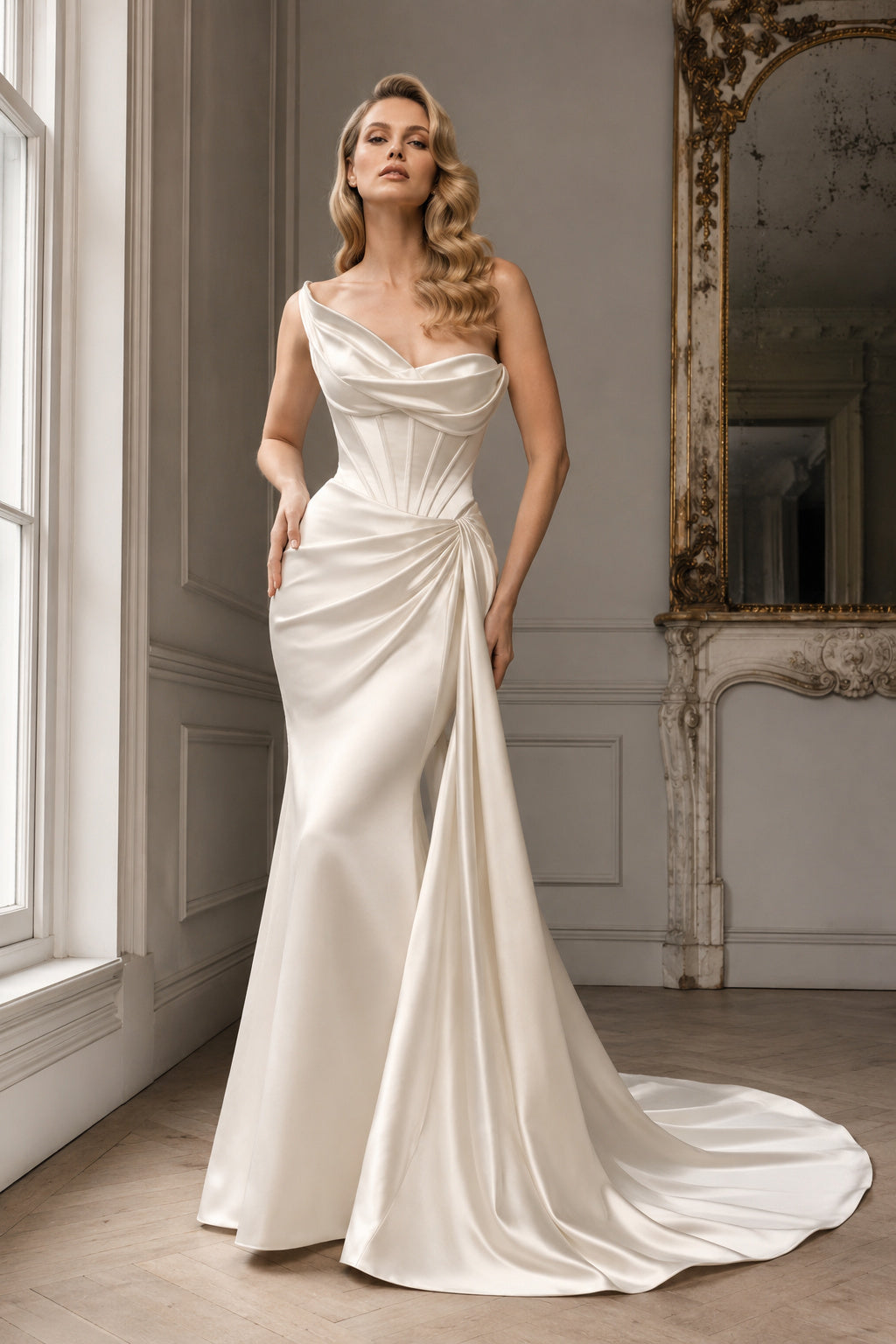 Ivory Cowl Neck Satin Sheath Wedding Dress with Side Drape front view