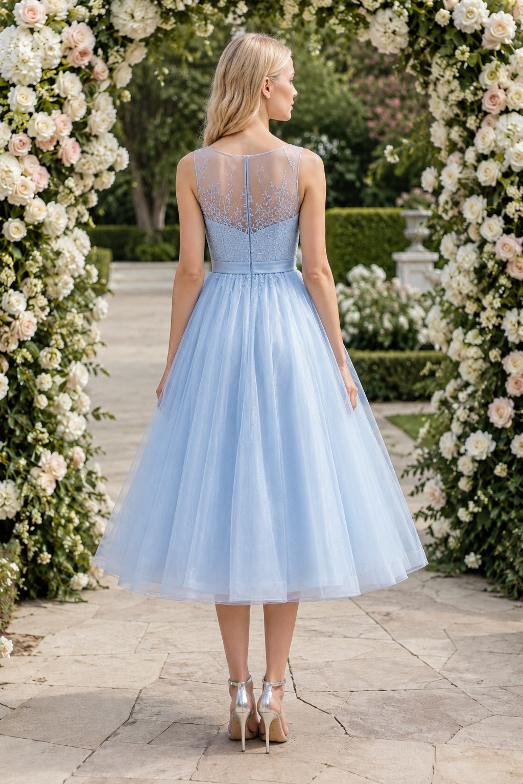 Sky Blue Illusion Jewel Sparkle Bodice with Tulle Skirt Tea Length A-Line Prom Dress back view