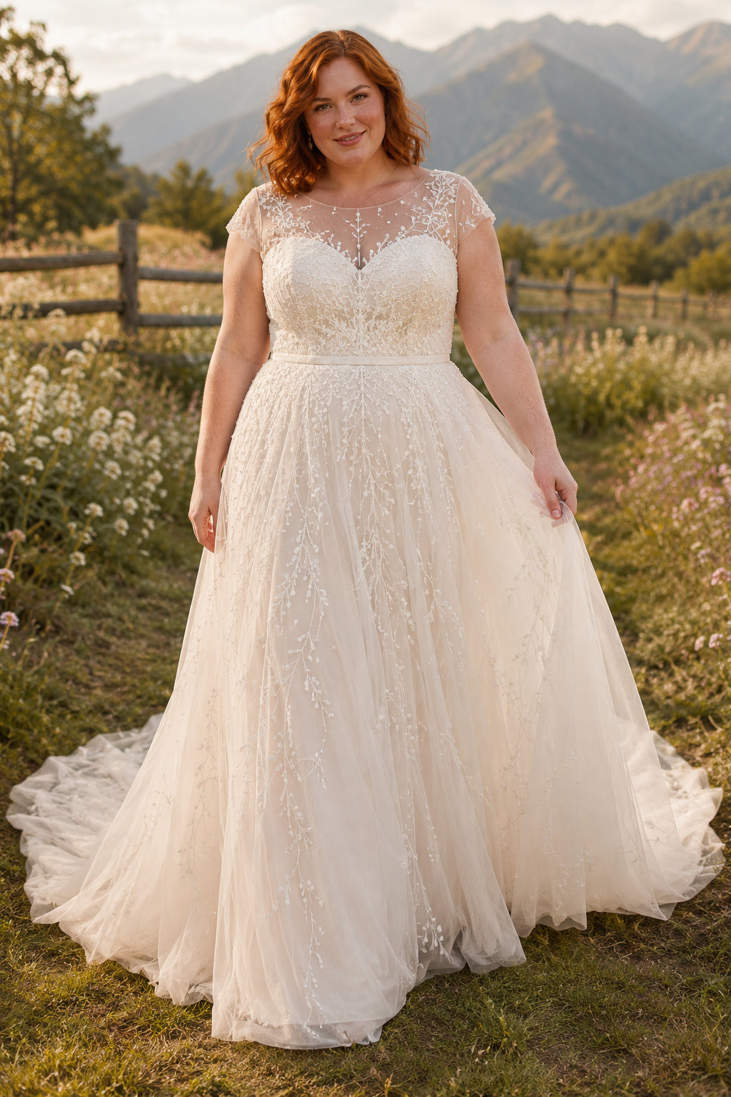 Ivory Plus Size V-Neck Lace A-Line Wedding Dress with Sleeveless Bodice and Tulle Train front view