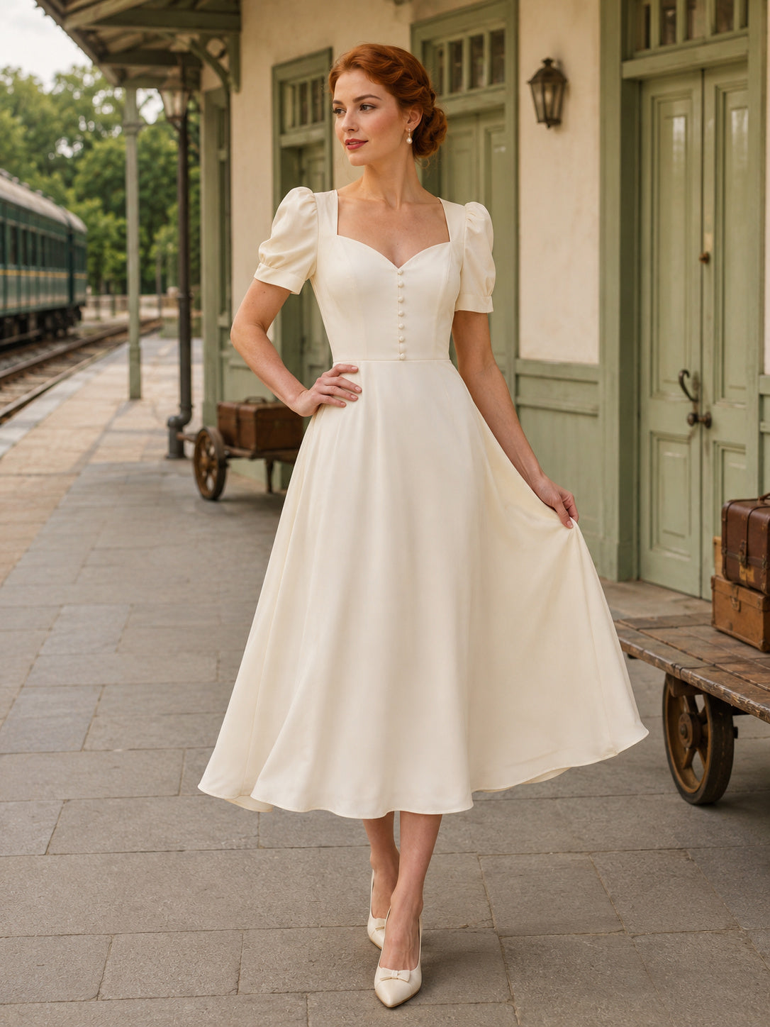 Vintage Square Neck Short Puff Sleeve Satin A-Line Tea-Length Keyhole Wedding Dress front view