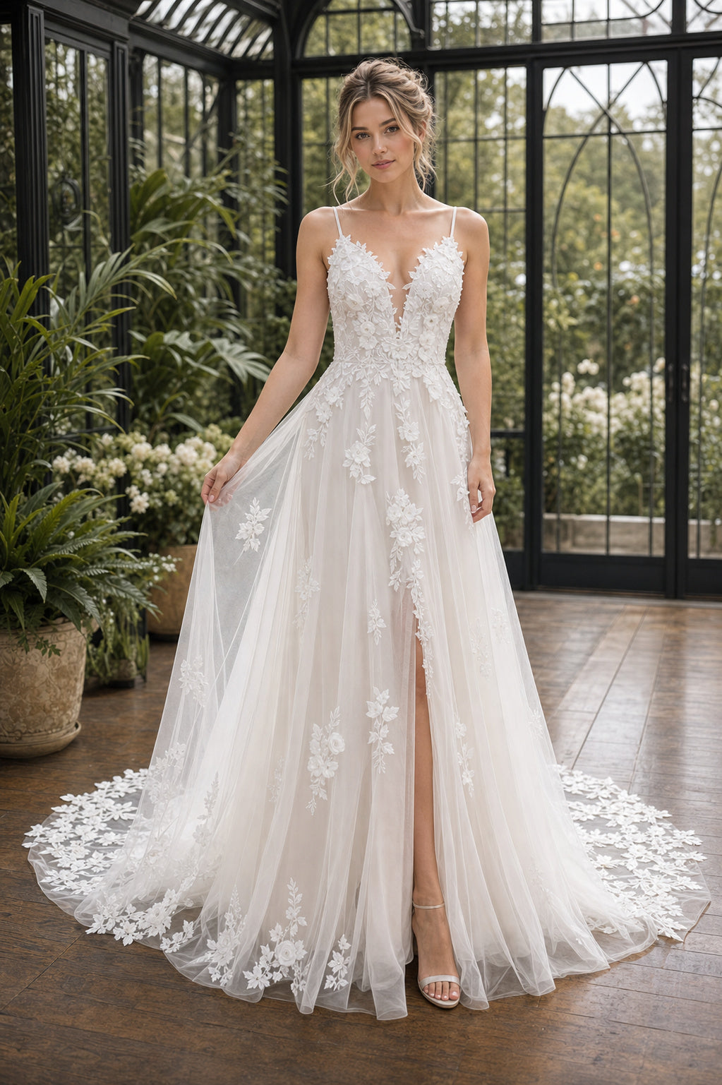 Ivory Bateau Short Sleeves A-Line Lace Floor-length Wedding Dress With Lace and Front Slit and Open Back