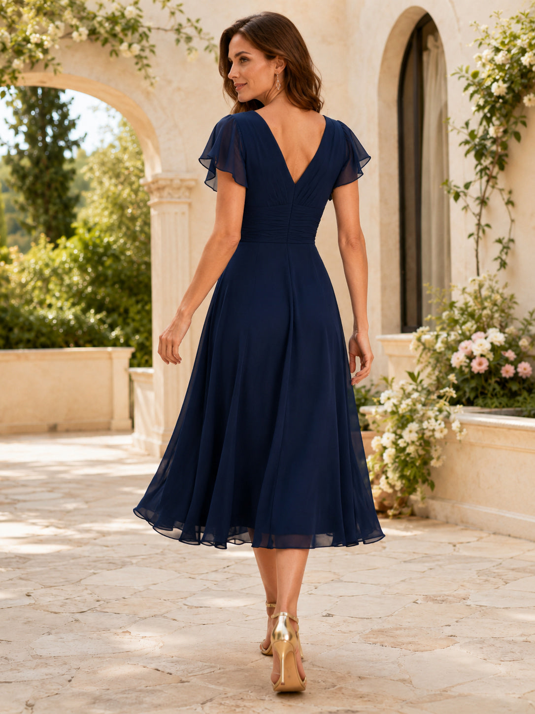 Dark Navy Polished Chiffon Sheath V-neck Knee Length Cocktail Dress back view
