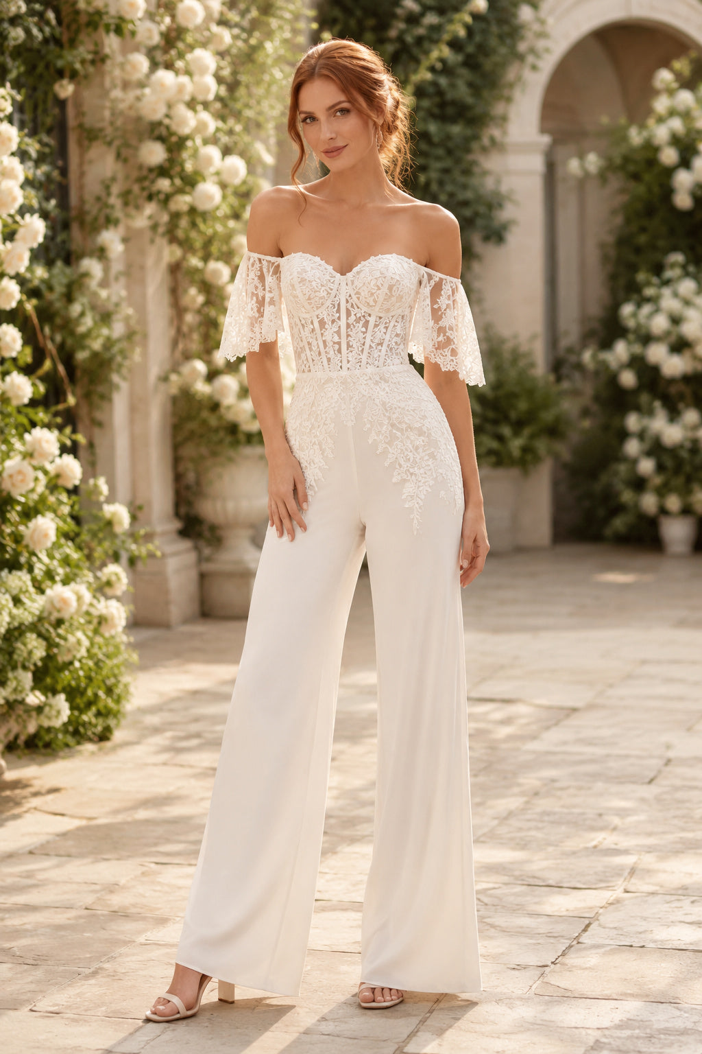 Ivory Off-the-Shoulder Lace Bridal Jumpsuit with Short Ruffle Sleeves front view