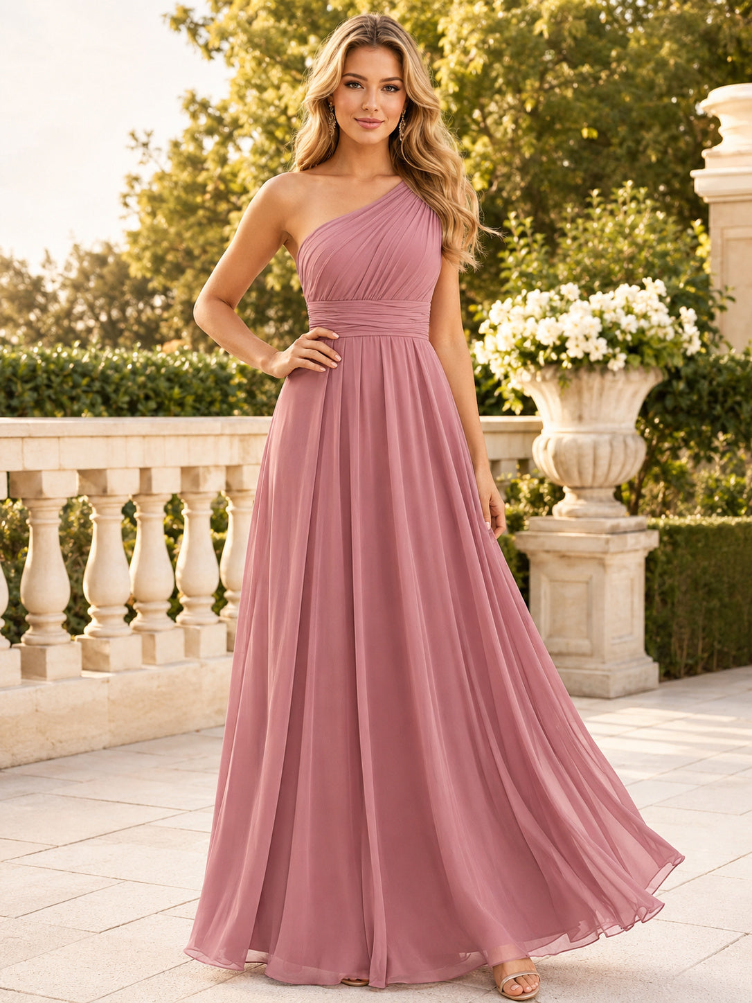 Dusty Rose One Shoulder Chiffon A Line Formal Dress Style 342273 back view