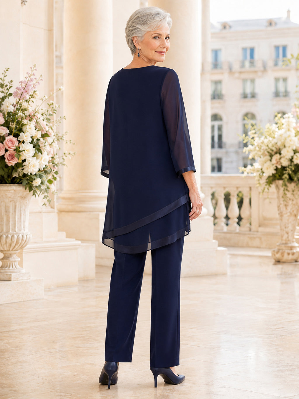 Dark Navy Mature Modest Mother of the Bride Pantsuit Bateau Neck Three-Quarter Illusion Sleeve Asymmetric High-Low Chiffon Tu