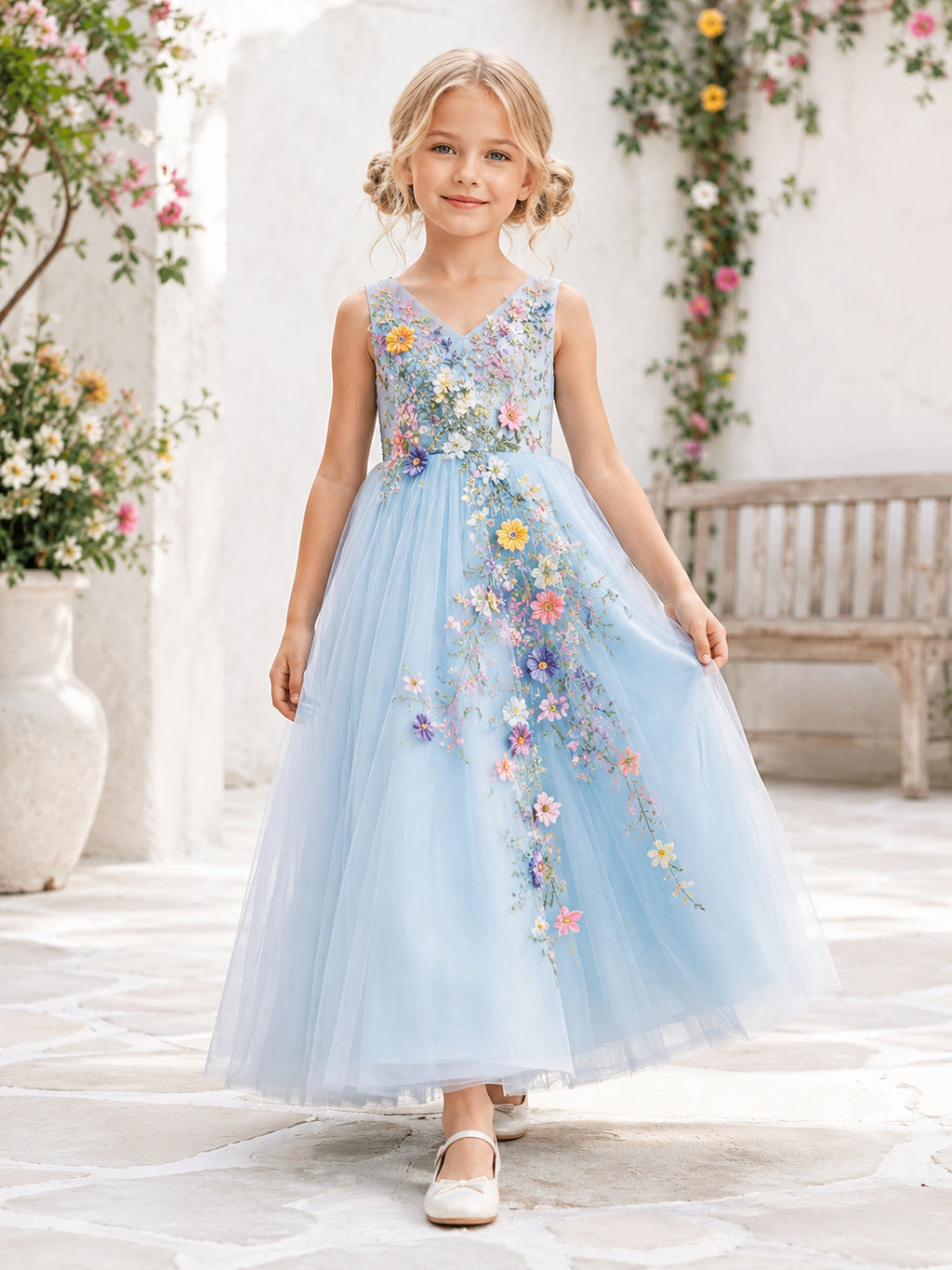 Sky Blue Floral Tulle Flower Girl Dress with Sleeveless A-Line Bodice, Romantic Appliques, and Full-Length Skirt front view