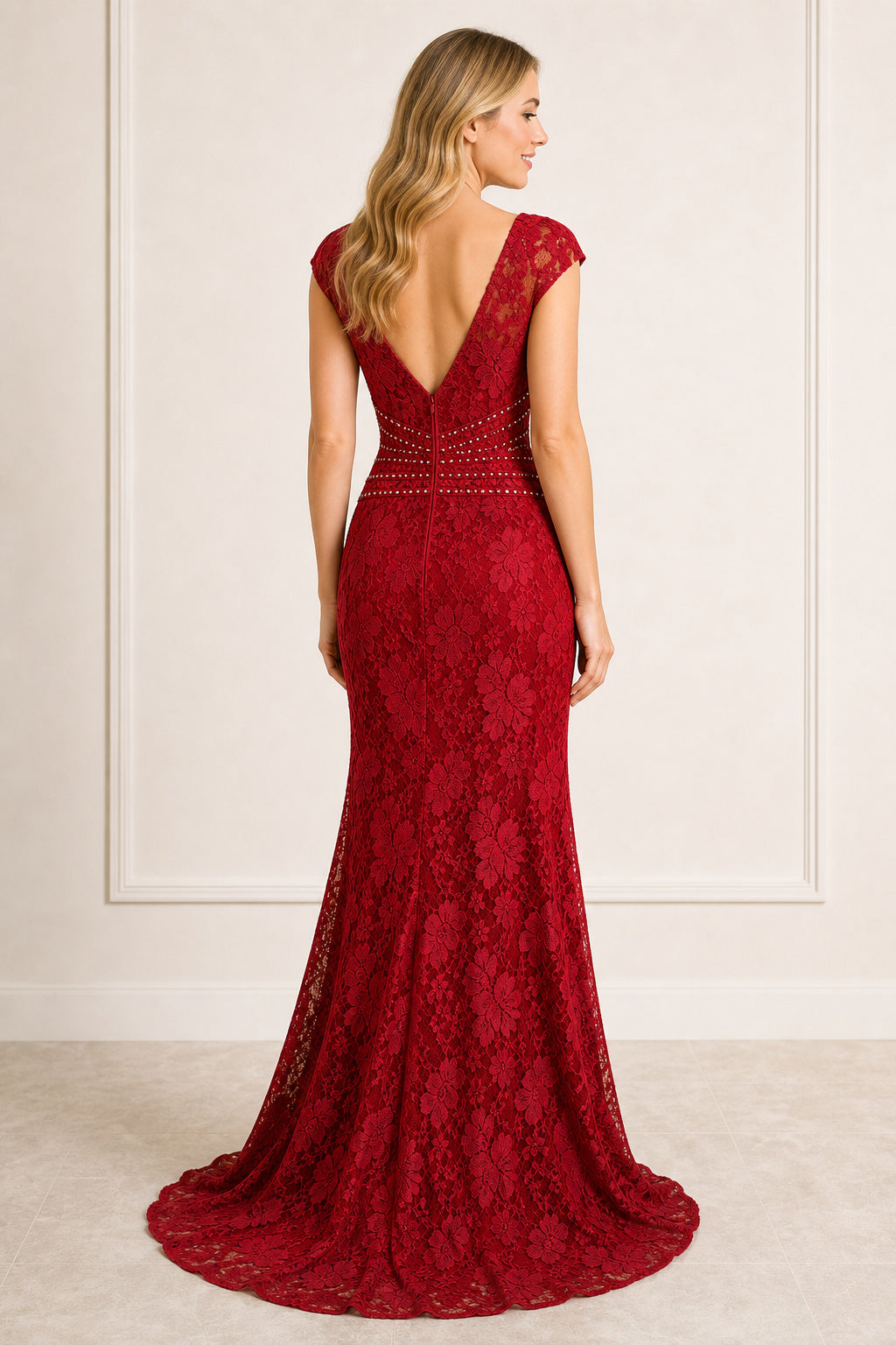 Burgundy V-neck Cap Sleeve Mermaid Lace Floor-Length Dress With V-back