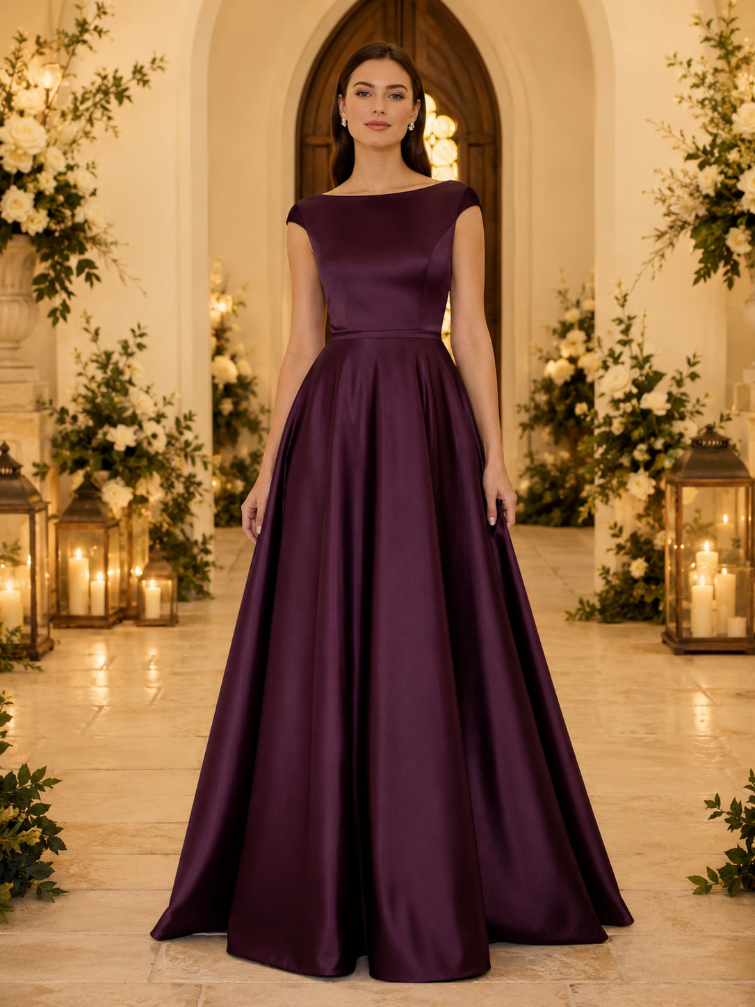 Plum Bateau Cap Sleeve Satin A-Line Wedding Dress front view