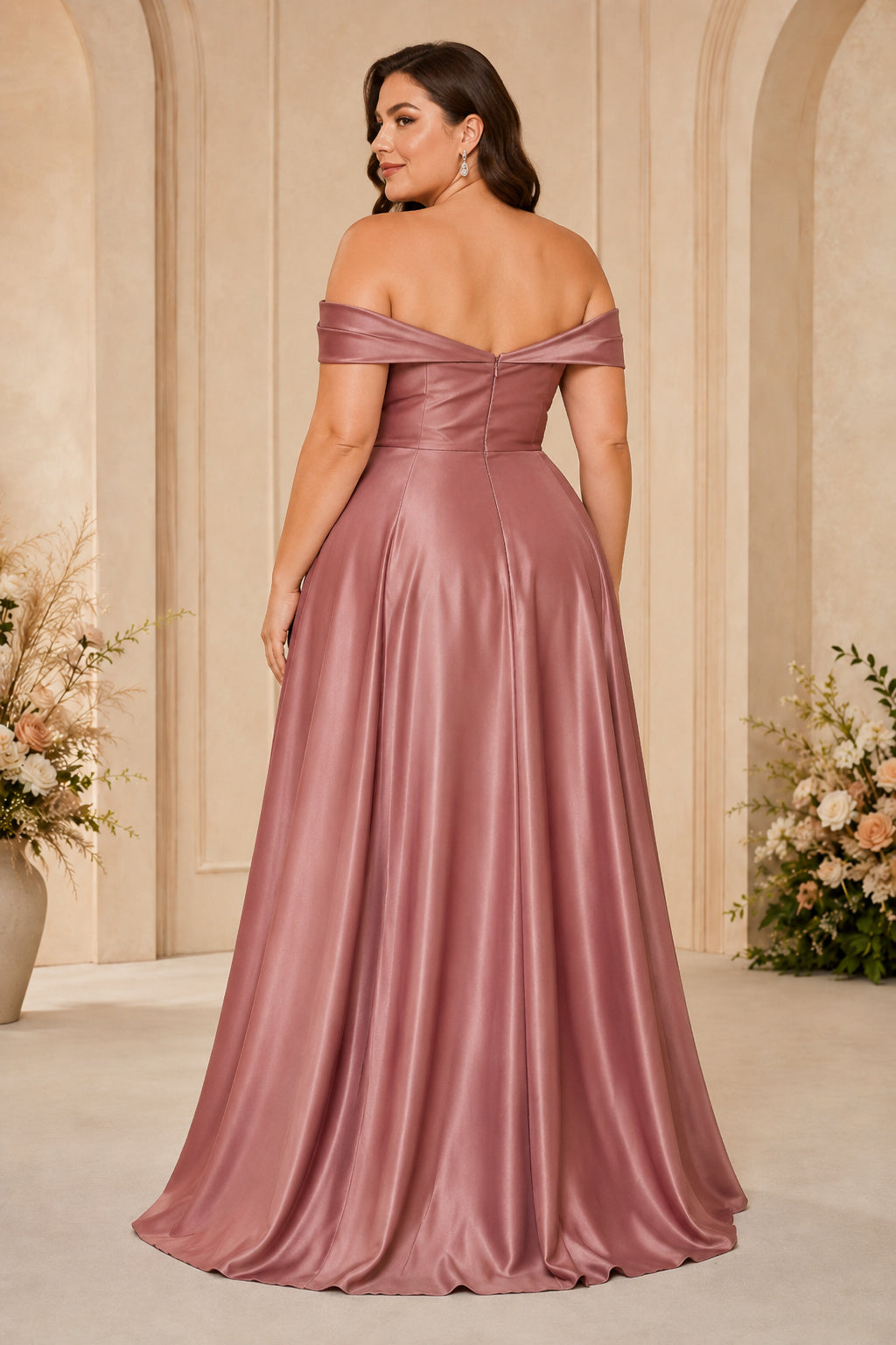 Dusty Rose Plus Size Off-the-Shoulder Satin A-Line Formal Dress with Side Split and Ruching back view