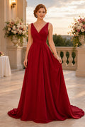 Plus Size Red V-Neck A-Line Formal Dress with Low V Back and Sweep Train front view