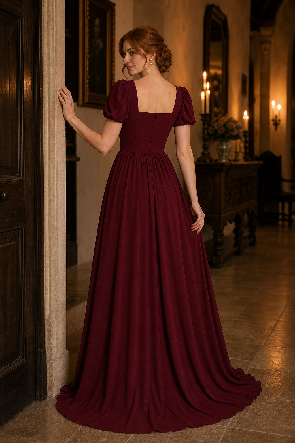 Burgundy Square Neck Short Sleeve A-Line Chiffon Floor-Length Dress