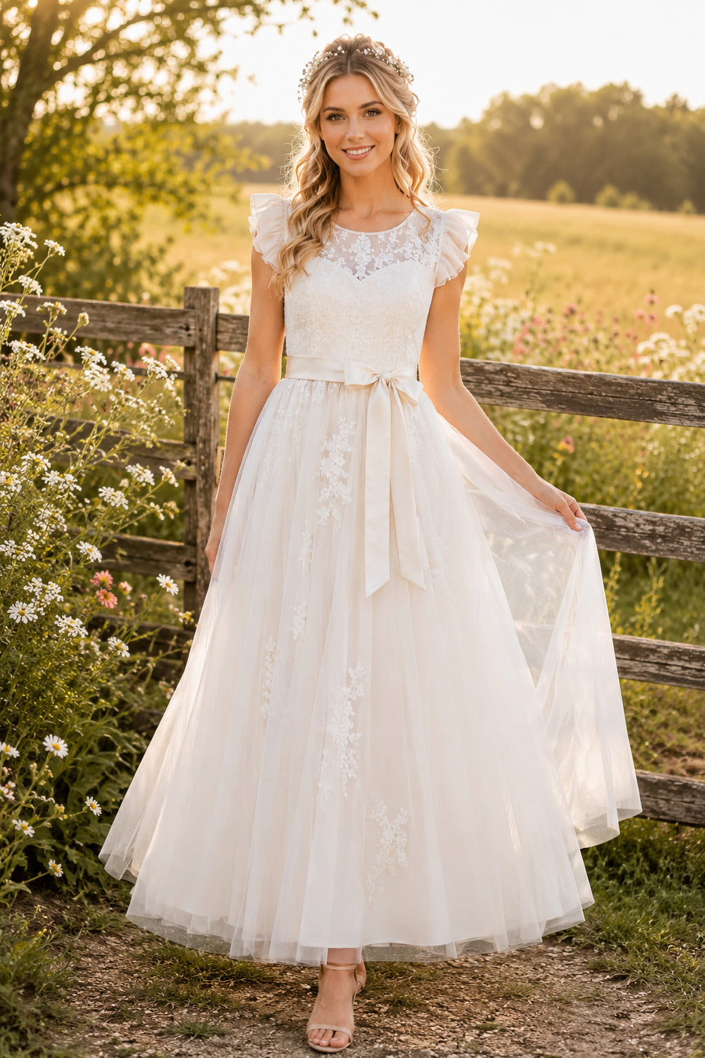 Ivory Cap Sleeve Lace Bodice with Bow Sash and Tulle Skirt Tea Length A-Line Wedding Dress front view