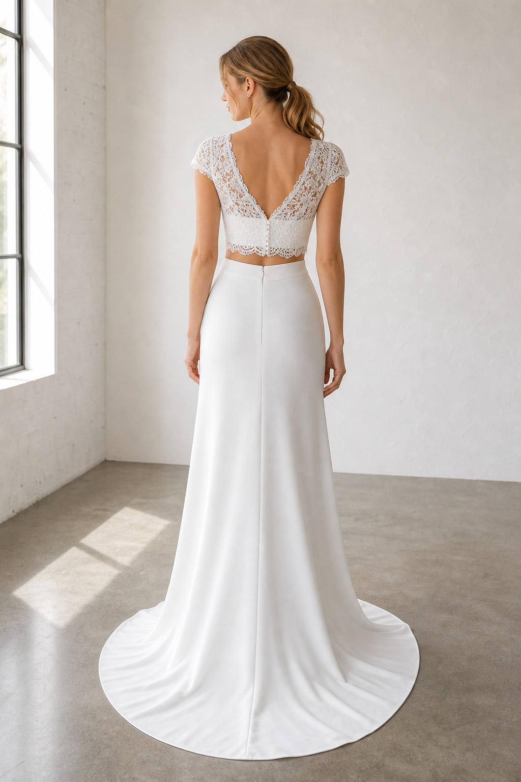White Illusion Short Sleeves Two-Piece Crepe, Lace Floor-length Wedding Dress With Lace and Two-Piece and Open Back