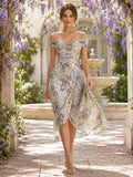 Sage Floral Off Shoulder Wrap Midi Garden Guest Dress front view