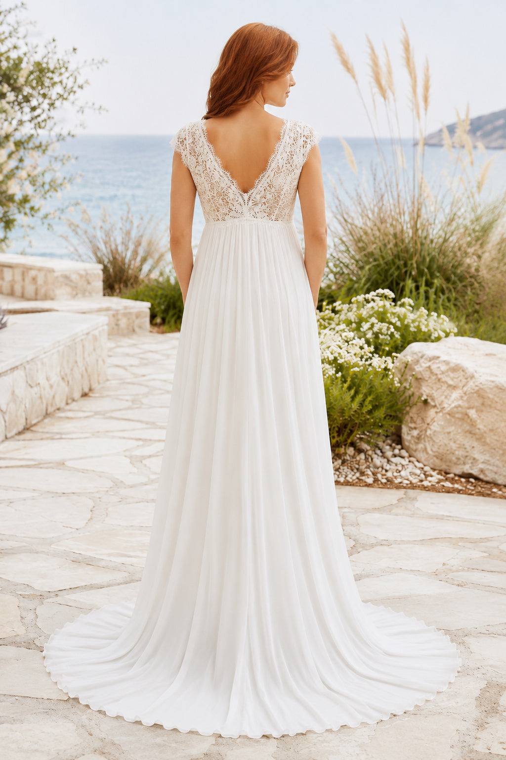 Ivory V-Neck Lace Strap Maternity Wedding Dress with Chiffon Skirt back view