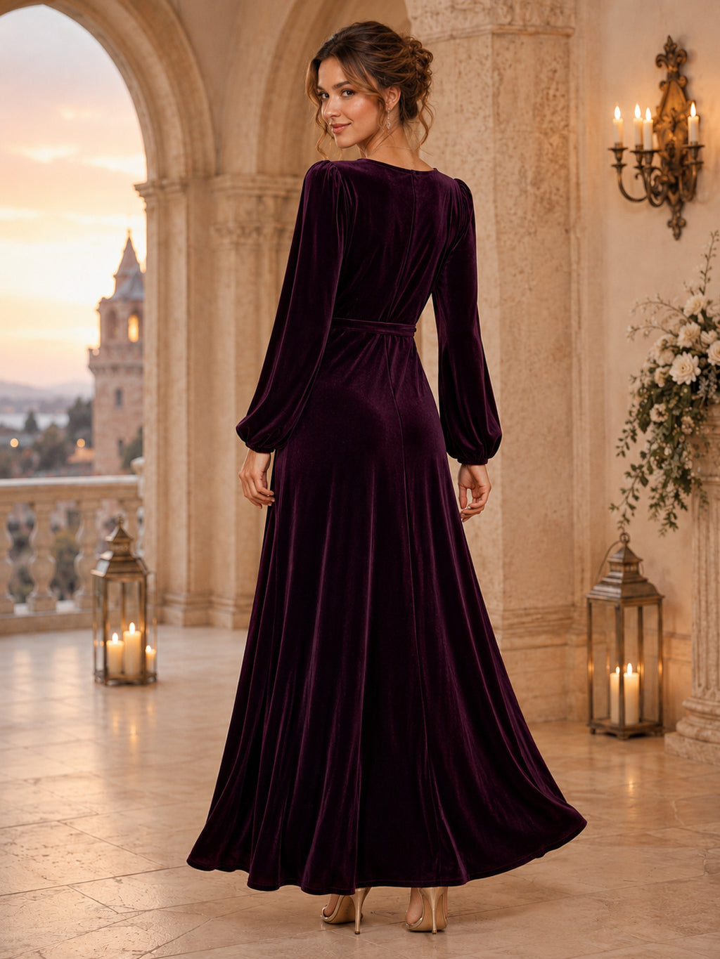 Plum V Neck Long Puff Sleeve Wrap Velvet A Line Ankle Guest Dress back view