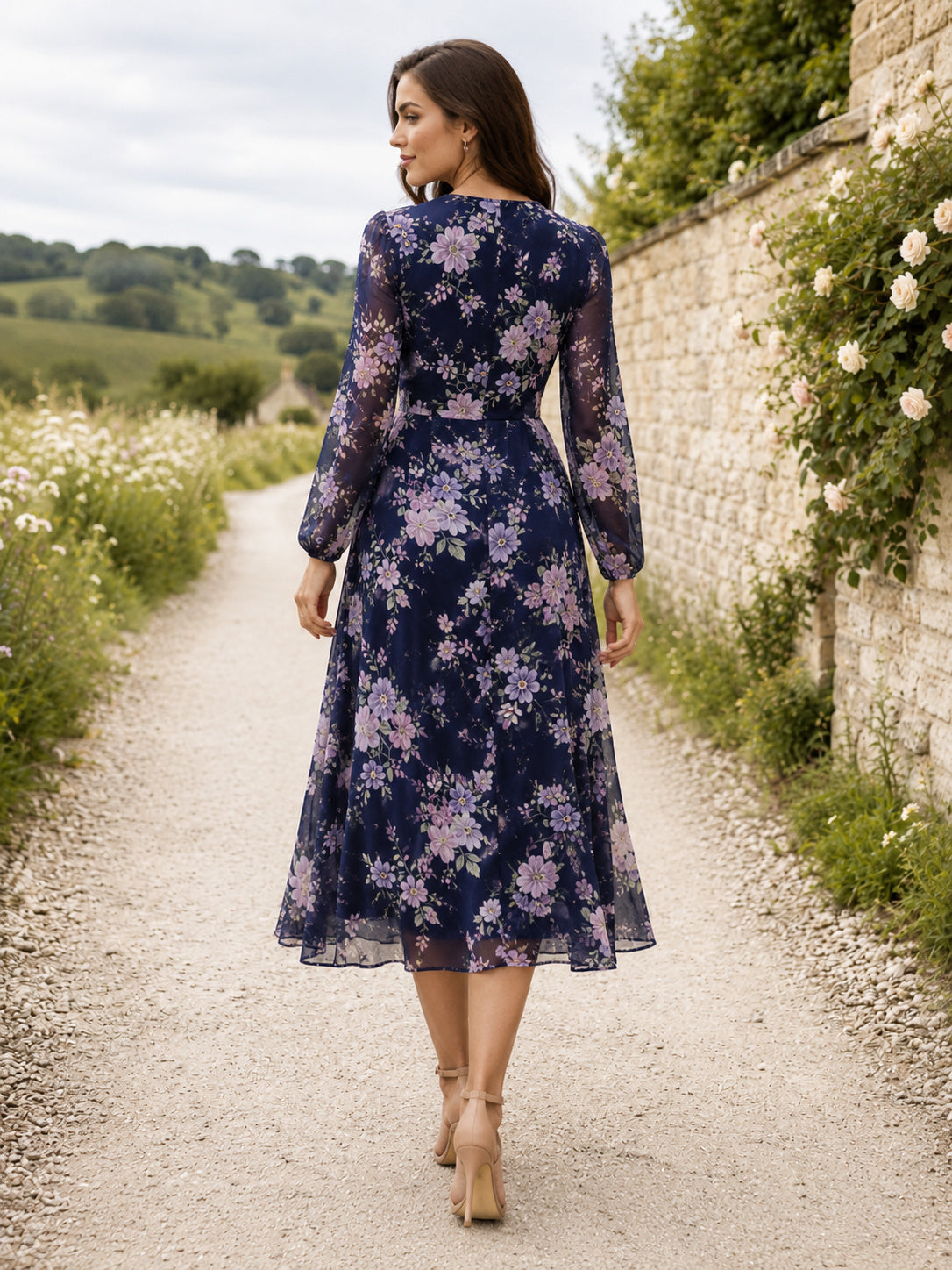 Dark Navy V Neck Long Illusion Sleeve Floral Chiffon A Line Guest Dress back view