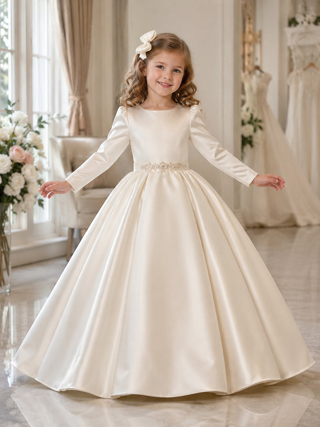 Luxury Modest Satin Ball Gown Flower Girl Floor-Length Long Sleeve Formal Dress front view
