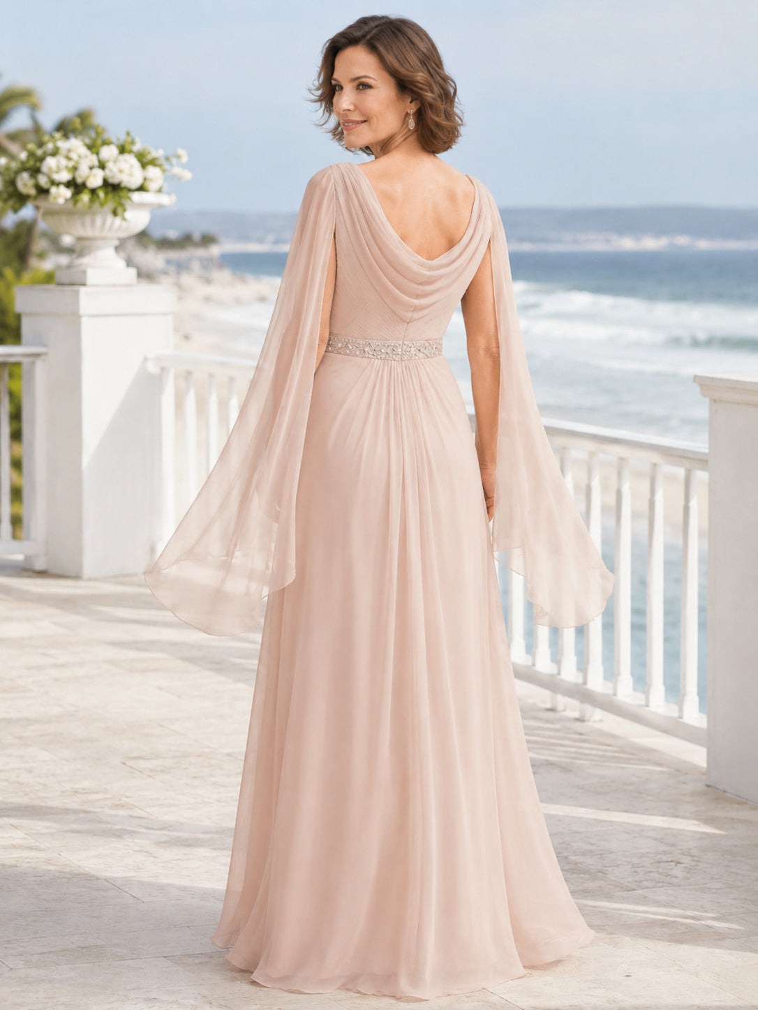 Blush cowl drape cape sleeve beach chiffon mother gown back view