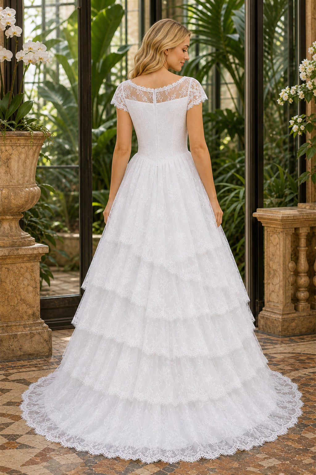 Ivory Bateau Cap Sleeve Tiered A-Line Wedding Dress With Lace Bodice
