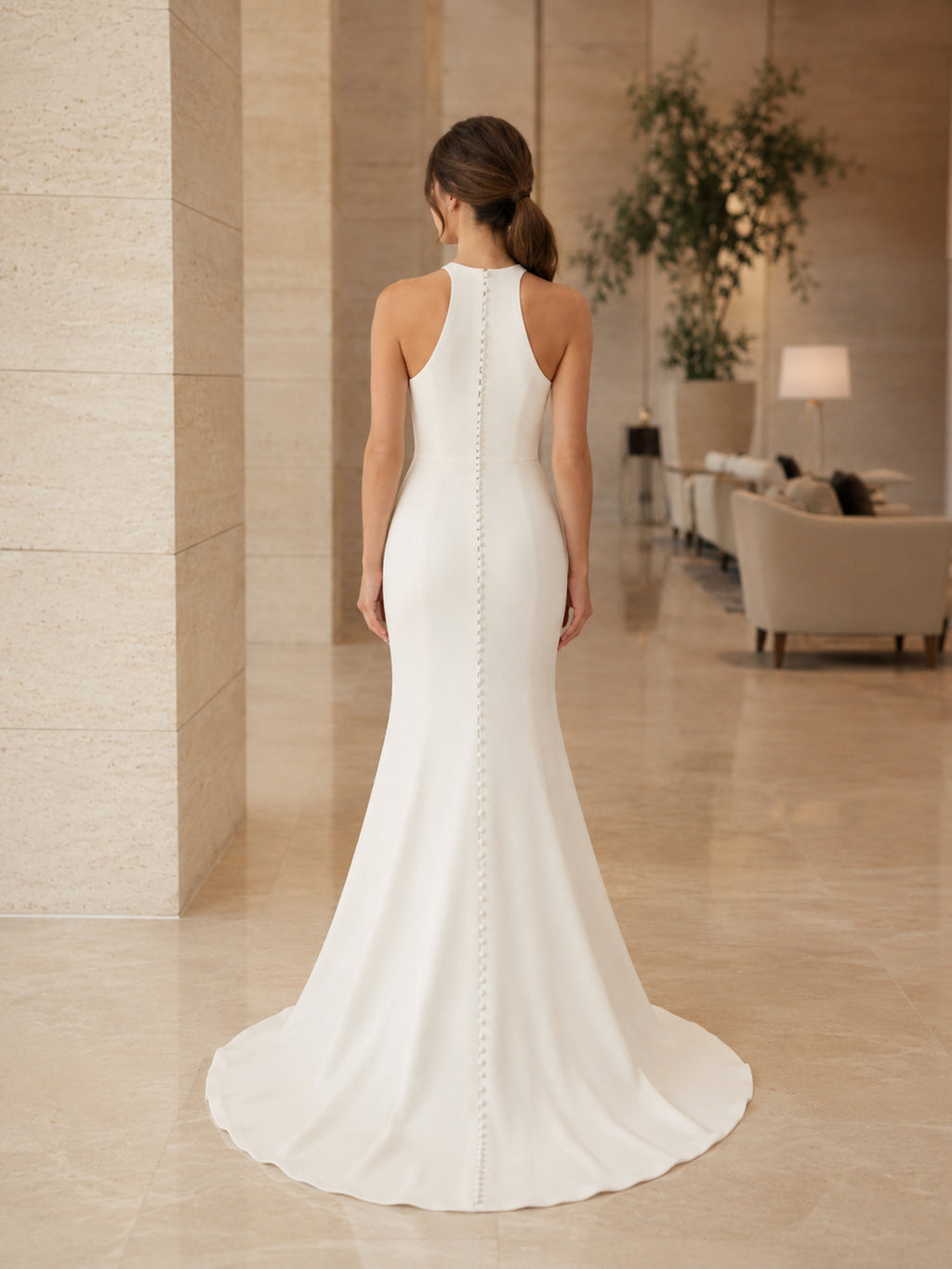 Minimalist Stretch Satin Wedding Dress Mermaid Halter Sleeveless Sweep Train Bridal Gown back view