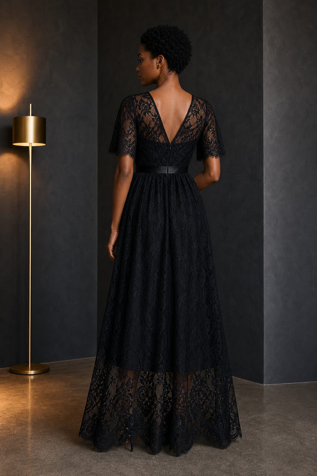 V-neck Short Sleeve A-Line Lace Floor-Length Dress With Satin Waistband