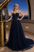 Navy Strapless Sweetheart A-Line Tulle Floor-Length Dress With Beaded Bodice