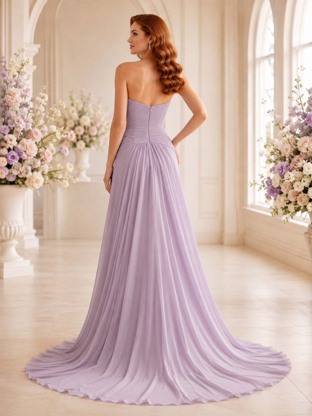 Lavender Strapless Sweetheart Ruched Chiffon A Line Sweep Train Wedding Dress back view
