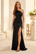 Black one shoulder satin sheath gown with ruched bodice and thigh slit Floor-length Sheath Formal Dress front view