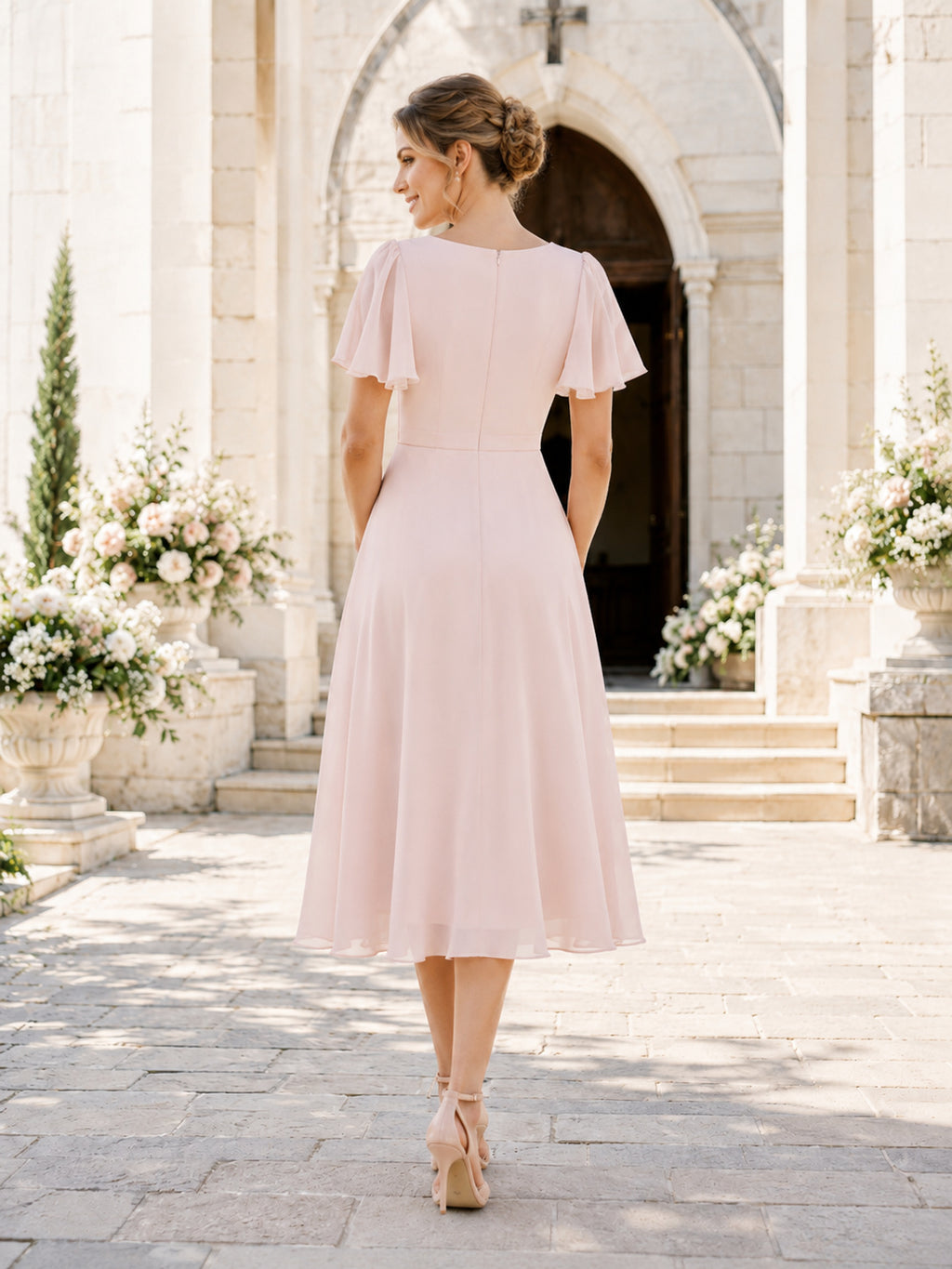 Blush Wrap V-Neck Flutter Sleeve Chiffon A-Line Tea Length Christening Mother Dress back view