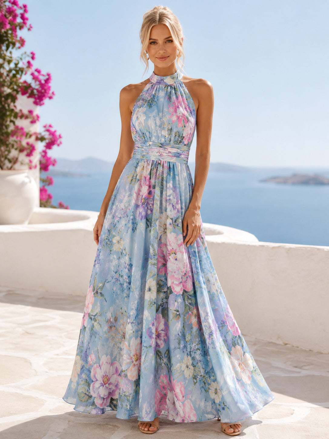 Blue Floral Halter Chiffon A-Line Maxi Resort Dress front view