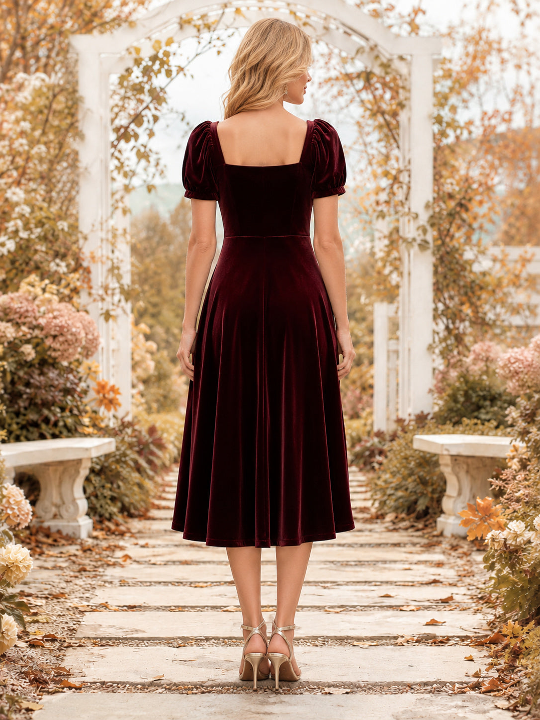 Burgundy velvet square neck puff sleeve tea length A-line dress back view