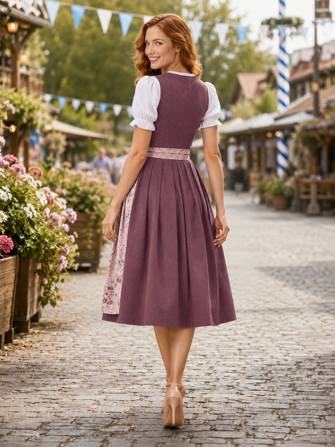 Romantic Vintage Mauve Print Midi Dirndl Tea Length Puff Sleeve Apron back view