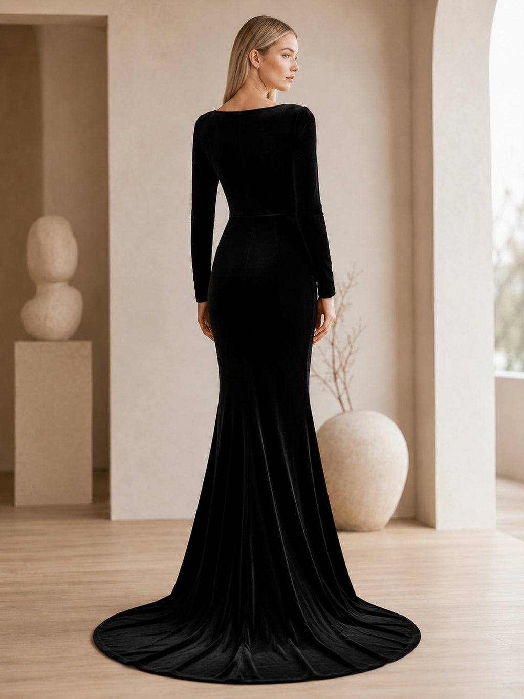 Black Bateau Long Sleeve Velvet Sheath Mermaid Simple Wedding Gown back view