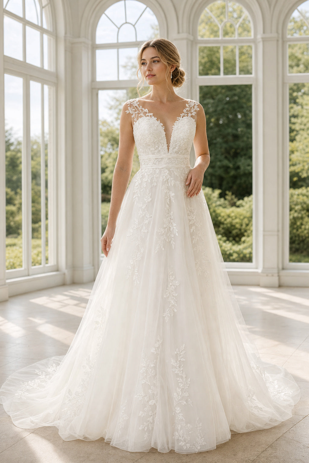 White Off-the-shoulder Long Sleeves A-Line Crepe Floor-length Wedding Dress With Lace Bodice and Sweep Train