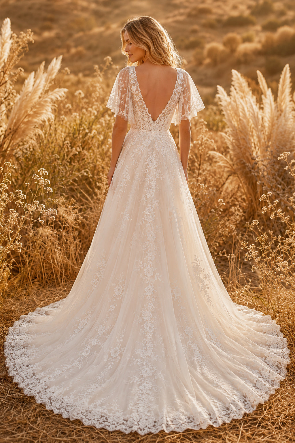Ivory V-Neck Flutter Sleeve A-Line Wedding Dress with Lace Appliques and Sweep Train back view